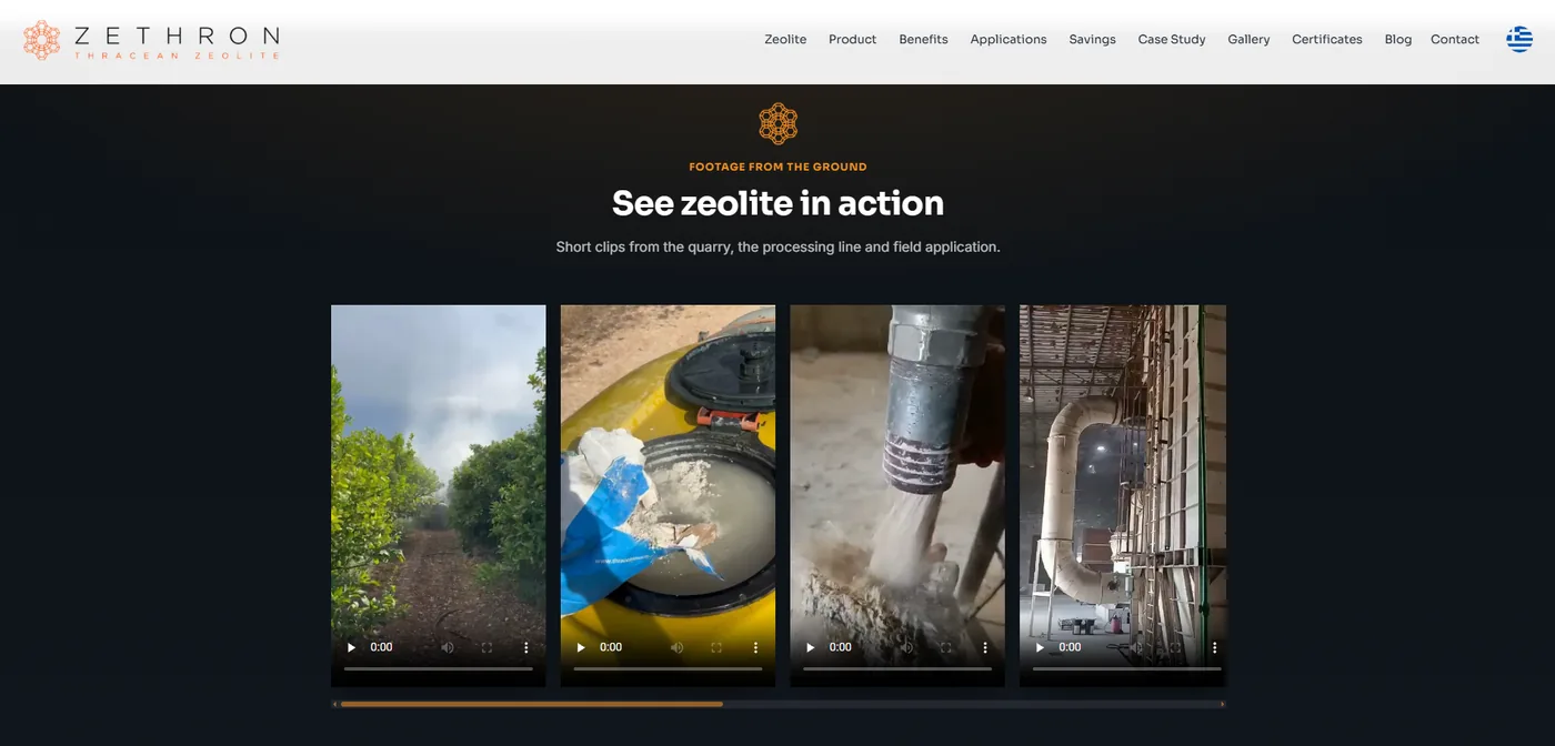 Ενότητα «See zeolite in action» με βίντεο από το ορυχείο, τη γραμμή επεξεργασίας και την εφαρμογή στο χωράφι