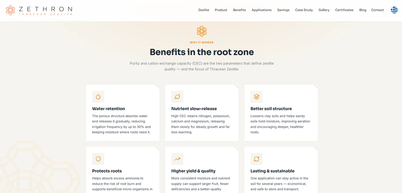 Ενότητα «Benefits in the root zone» με τις έξι κάρτες ωφελειών